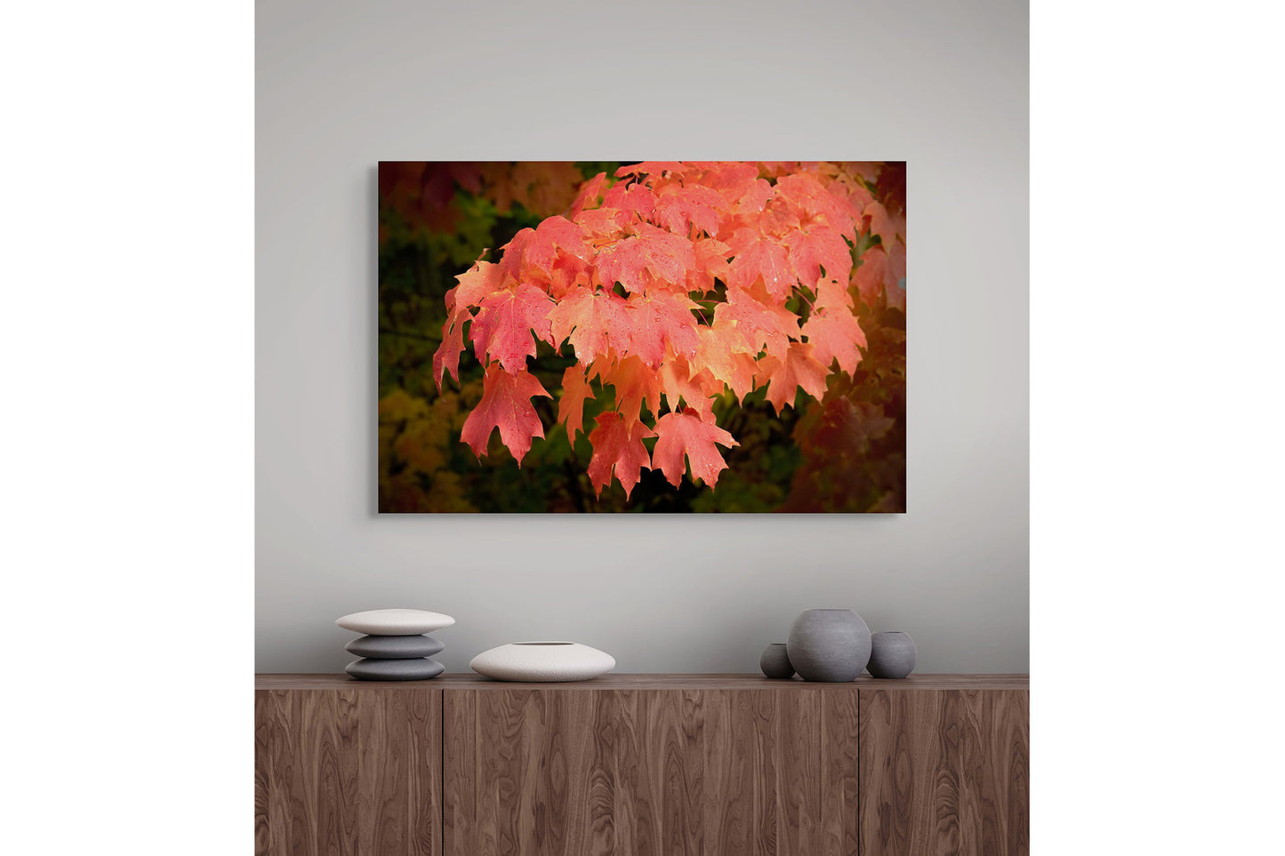 Autumn's Fiery Maple Michigan fine art print by Dennis Caskey in a modern office setting