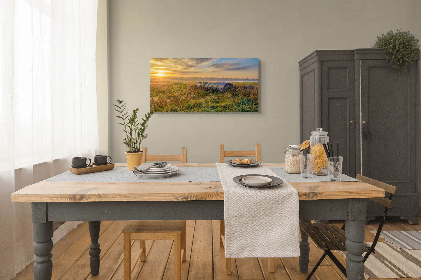 Harvest Sunrise Michigan fine art print by Dennis Caskey hung on a dining room wall