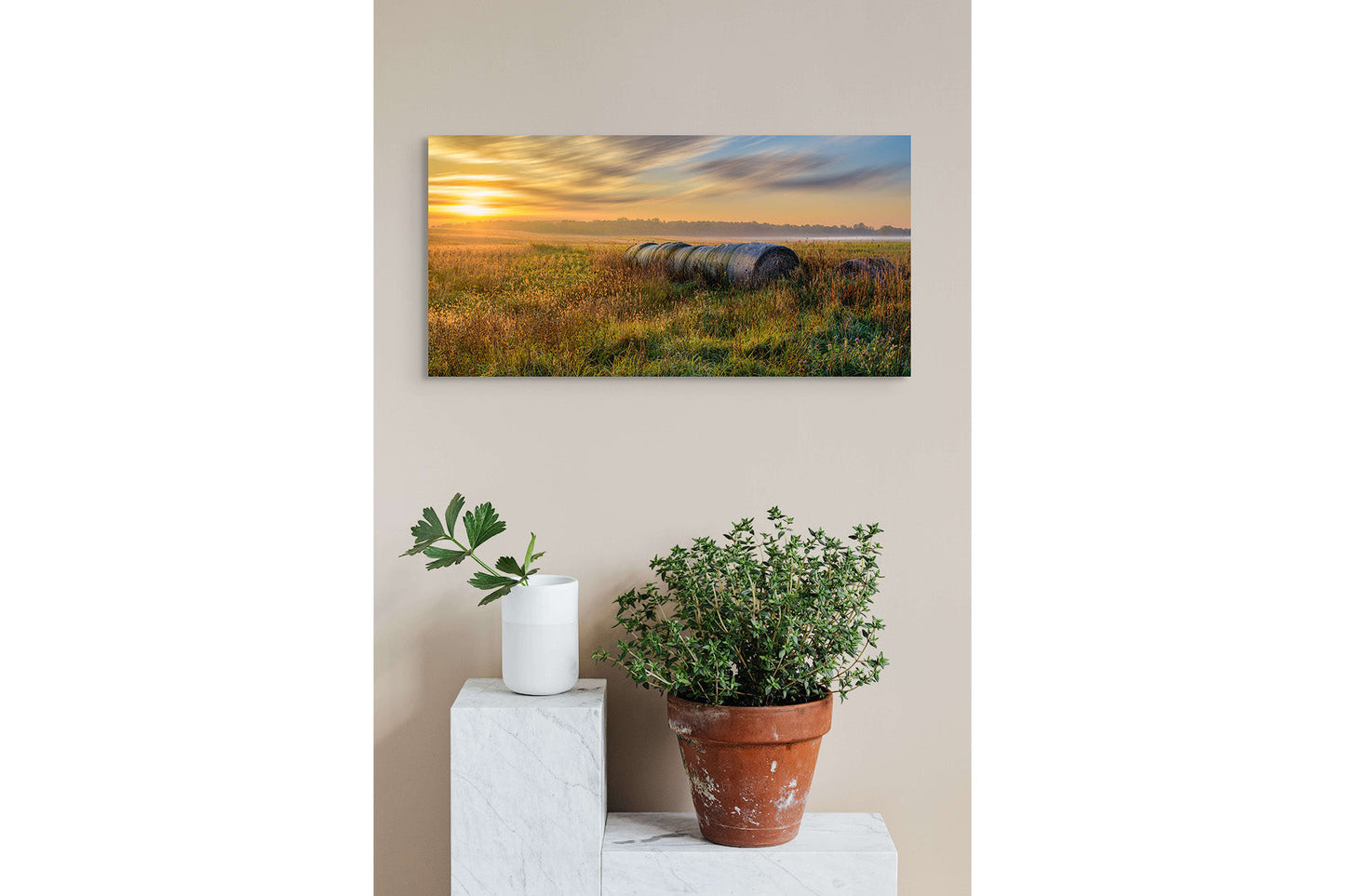 Harvest Sunrise Michigan fine art print by Dennis Caskey displayed in a home