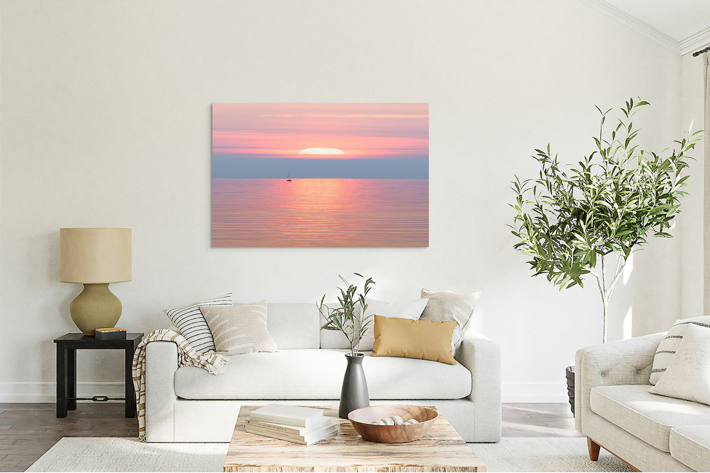 Radiant Serenity Michigan fine art print by Dennis Caskey hung on a living room wall