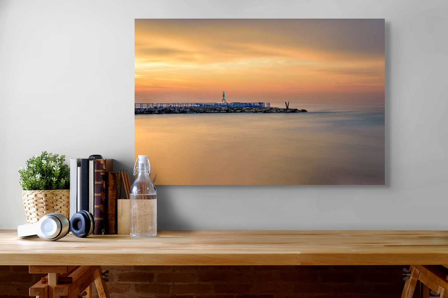 Simple Breakwater Michigan fine art print by Dennis Caskey displayed over a mantle