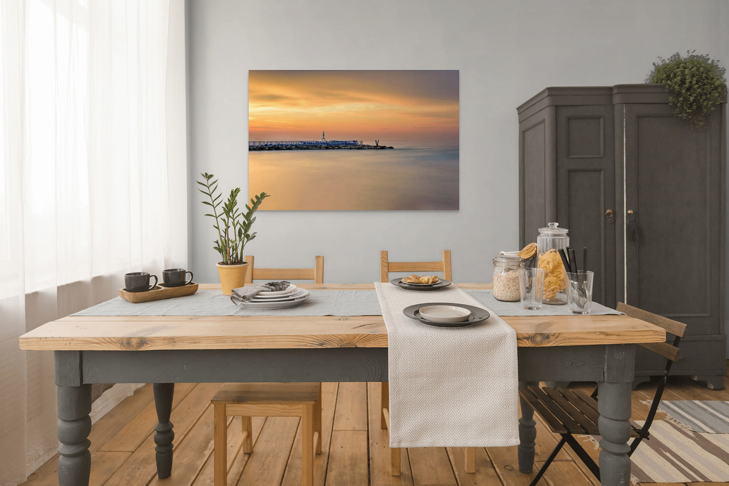 Simple Breakwater Michigan fine art print by Dennis Caskey in a dining room setting