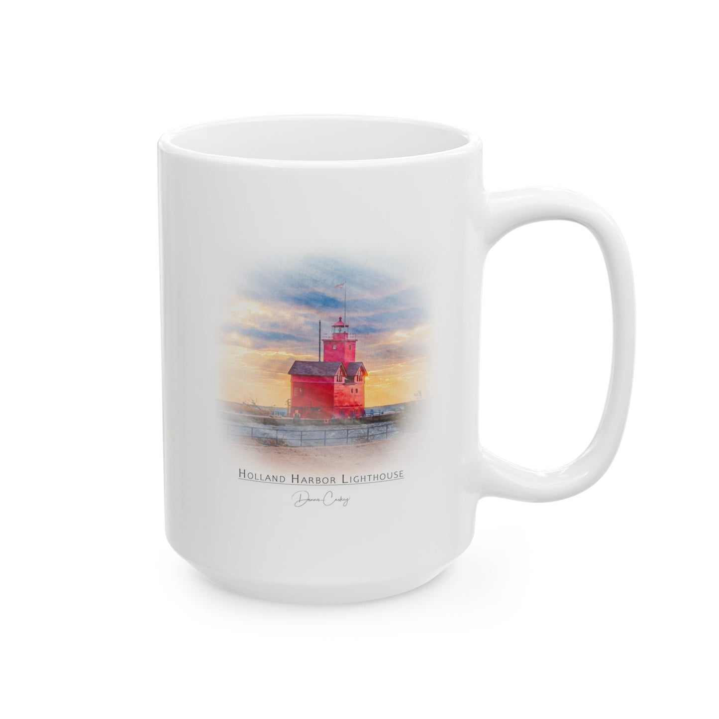 Holland Harbor Lighthouse ceramic mug by Dennis Caskey front 