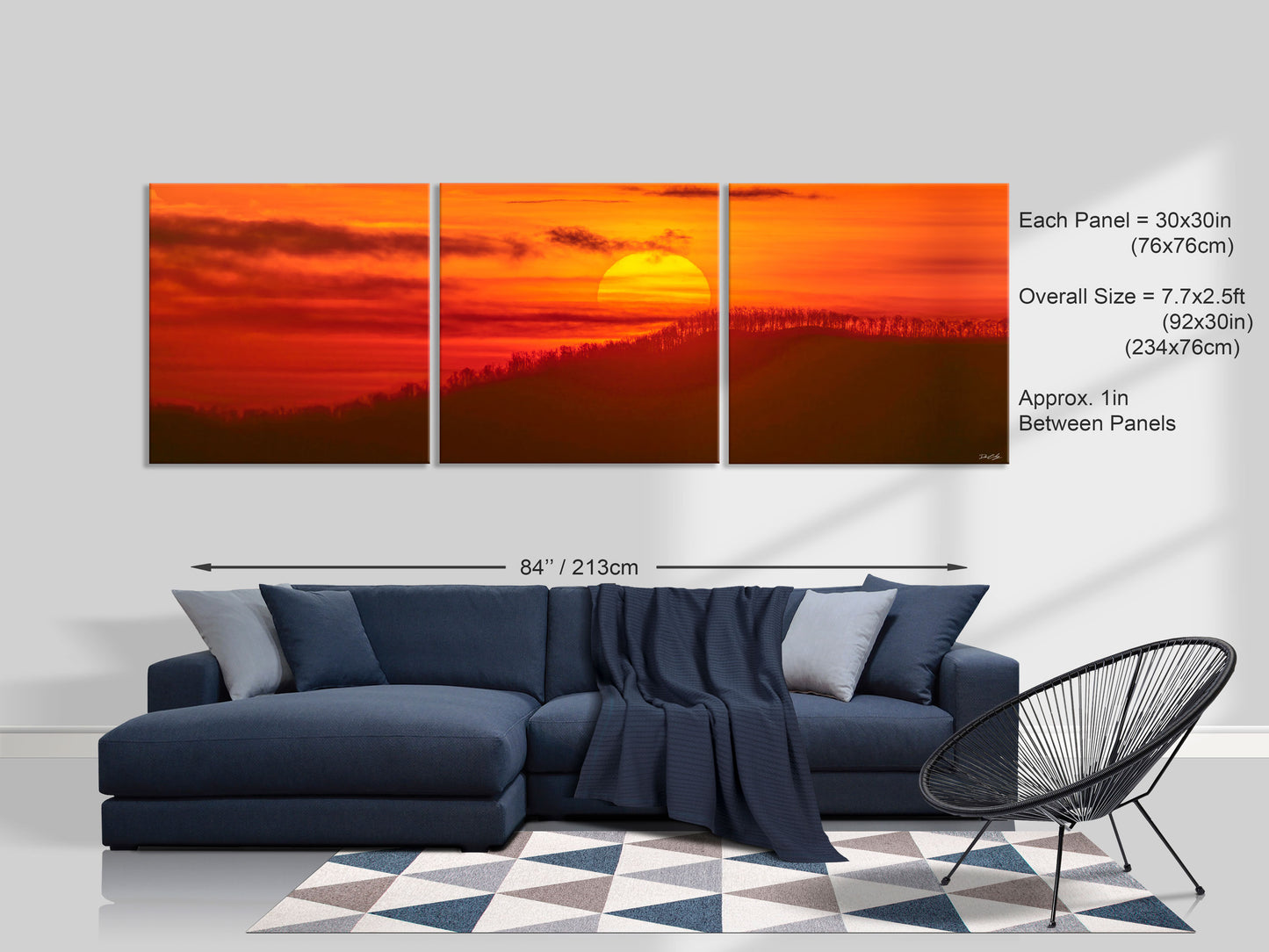 Three-panel triptych of Radiant Hope in a larger format, each panel 30x30 inches, with an overall width of approximately 92 inches, displayed above a sofa.