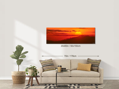 20x60 inch Radiant Hope fine art print displayed above a 70-inch sofa for size reference, showing the sunrise scene over the Blue Ridge Mountains.