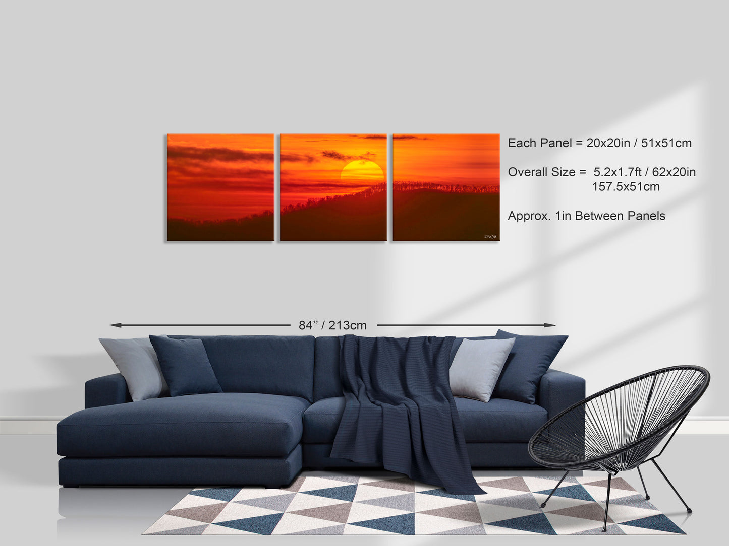 Three-panel triptych of Radiant Hope, each panel 20x20 inches, displayed above a couch to show size and layout, with an approximate width of 84 inches.