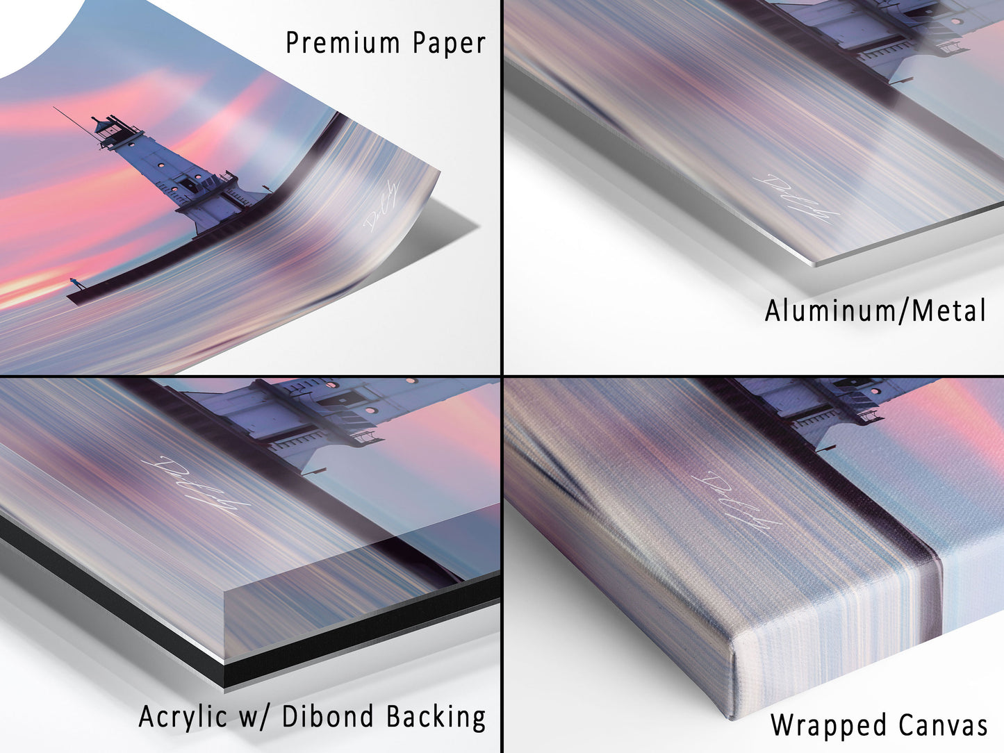 Premium material comparison for 'Evenings Embrace' fine art print: available in paper, aluminum/metal, acrylic with dibond backing, and wrapped canvas.									