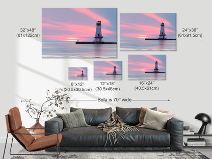 Size guide showing various dimensions of 'Evenings Embrace' fine art print displayed above a modern living room sofa; sizes range from 8x12 inches to 32x48 inches.