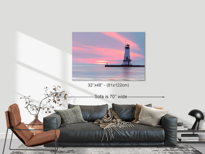 Large size 'Evenings Embrace' wall art (32x48 inches) displayed above a contemporary living room setup for home decor inspiration.