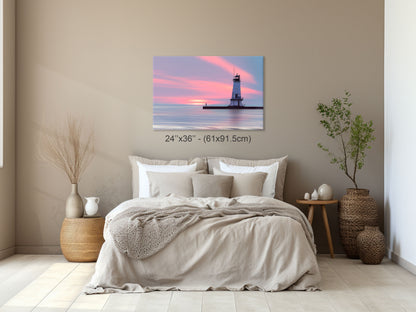 Evenings Embrace'  fine art print in a bedroom setting; sized at 24x36 inches, creating a tranquil centerpiece for relaxation spaces.									