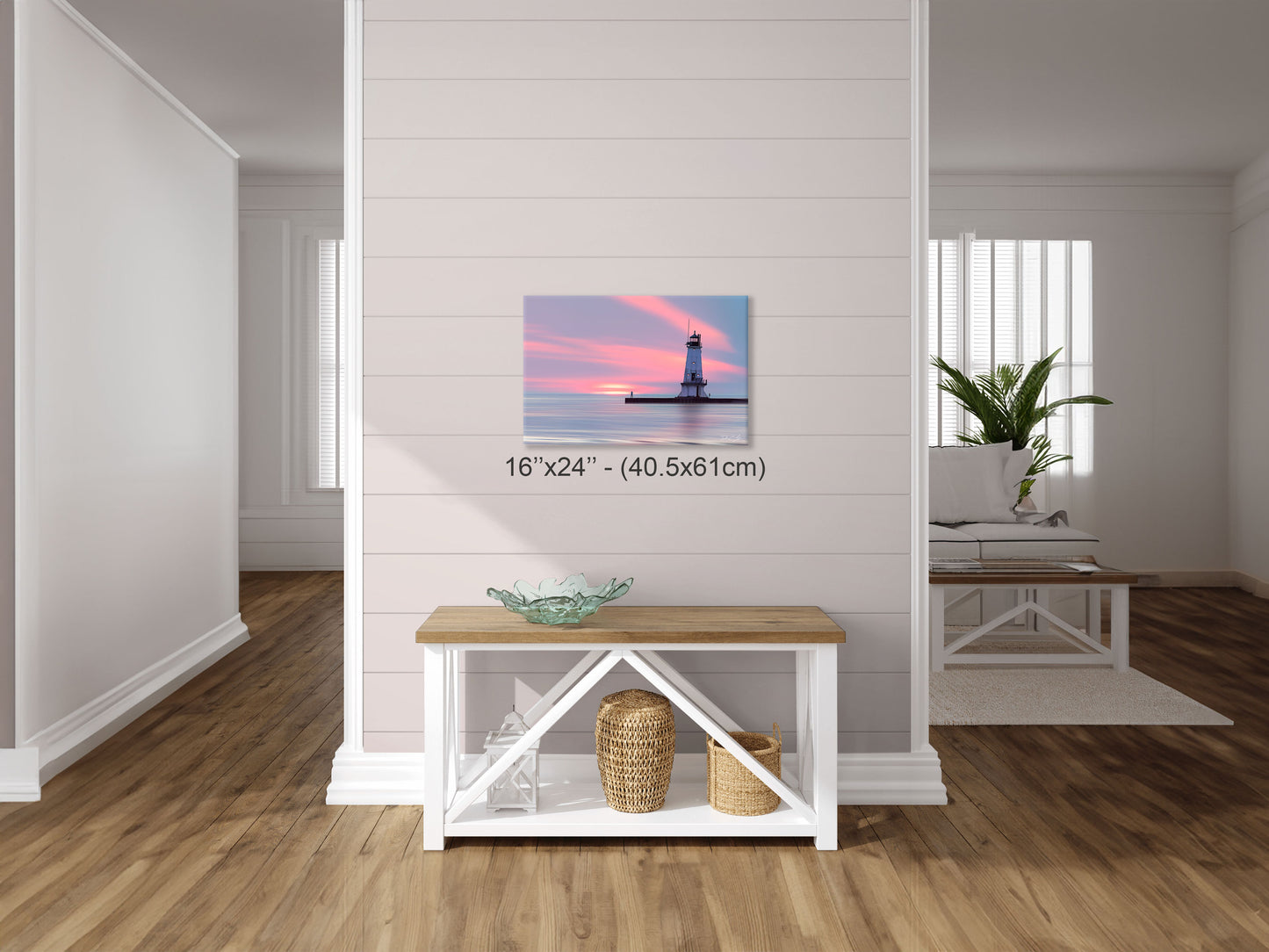 Mid-size 'Evenings Embrace' fine art print (16x24 inches) displayed in a modern hallway.