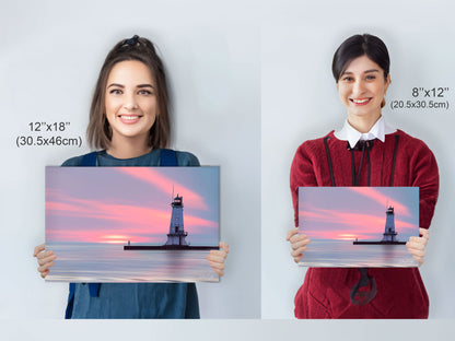 Two models holding 'Evenings Embrace' fine art prints in 12x18 inches and 8x12 inches sizes.