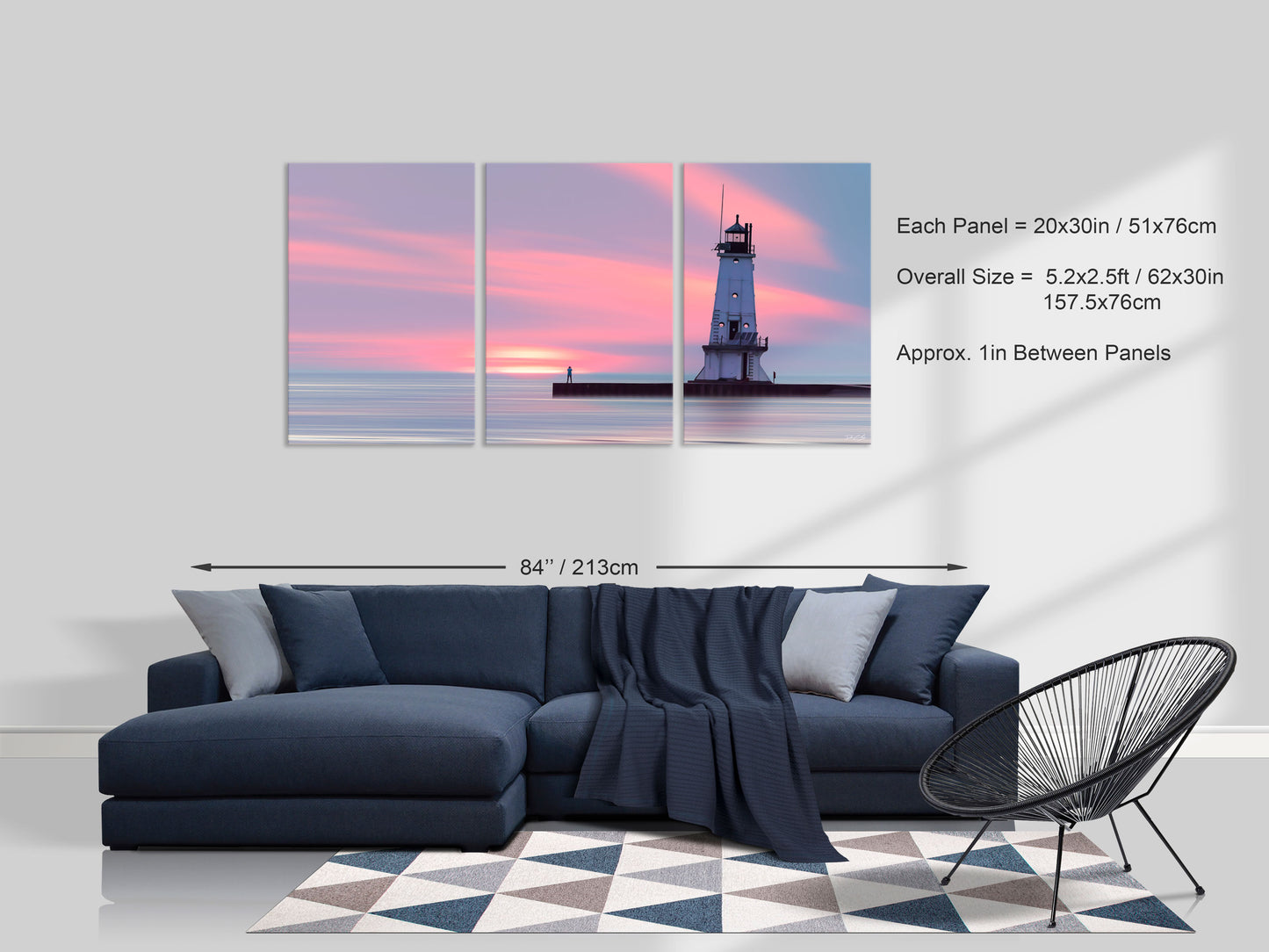 Triptych arrangement of 'Evenings Embrace' wall art in a living room, featuring three panels sized 20x30 inches with a combined width of 60 inches.									