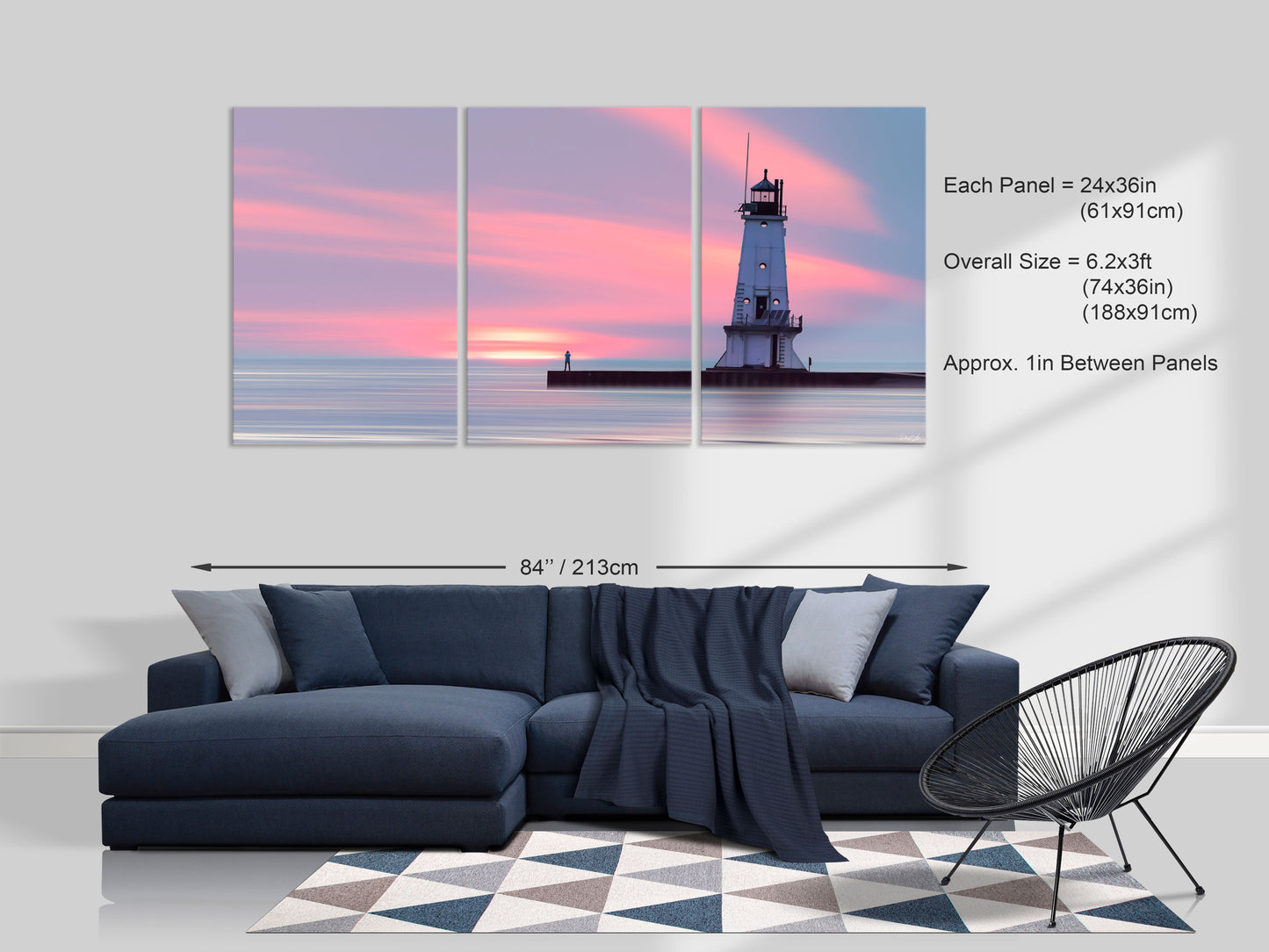 Larger triptych arrangement of 'Evenings Embrace' with each panel sized 24x36 inches, totaling a 74x36 inches display.									