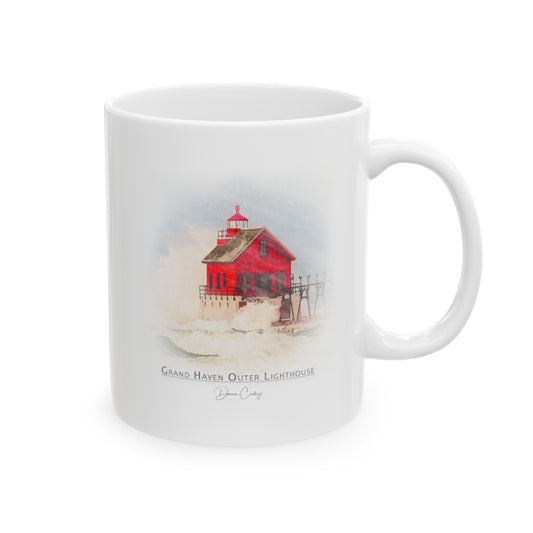 Grand Haven Outer Lighthouse ceramic mug by Dennis Caskey