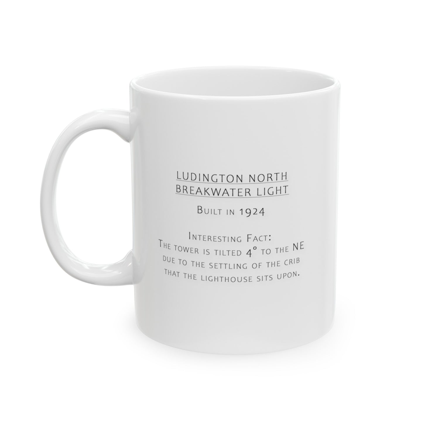 South Haven Lighthouse ceramic mug by Dennis Caskey back with facts