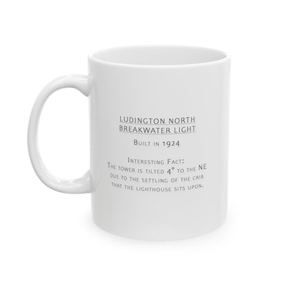 South Haven Lighthouse ceramic mug by Dennis Caskey back with facts