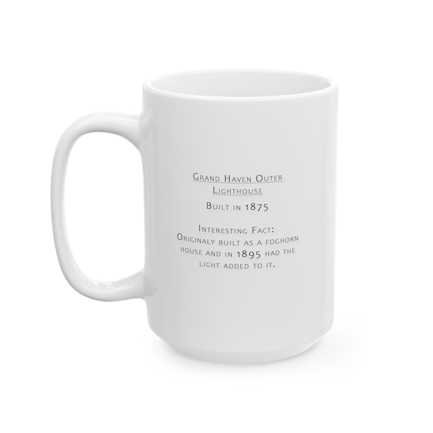 Grand Haven Outer Lighthouse ceramic mug by Dennis Caskey back with interesting facts