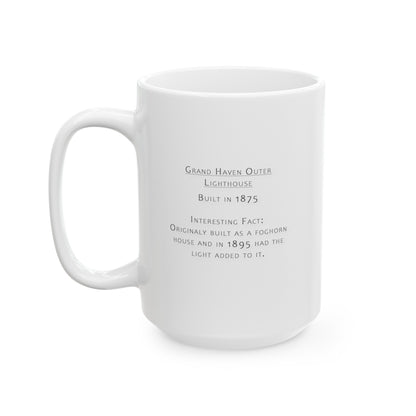 Grand Haven Outer Lighthouse ceramic mug by Dennis Caskey back with interesting facts