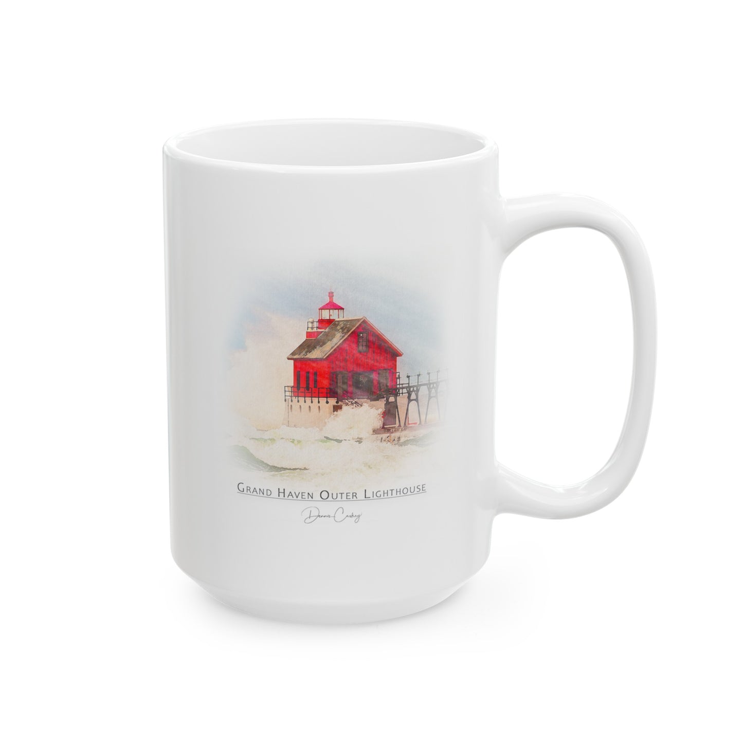 Grand Haven Outer Lighthouse ceramic mug by Dennis Caskey front 