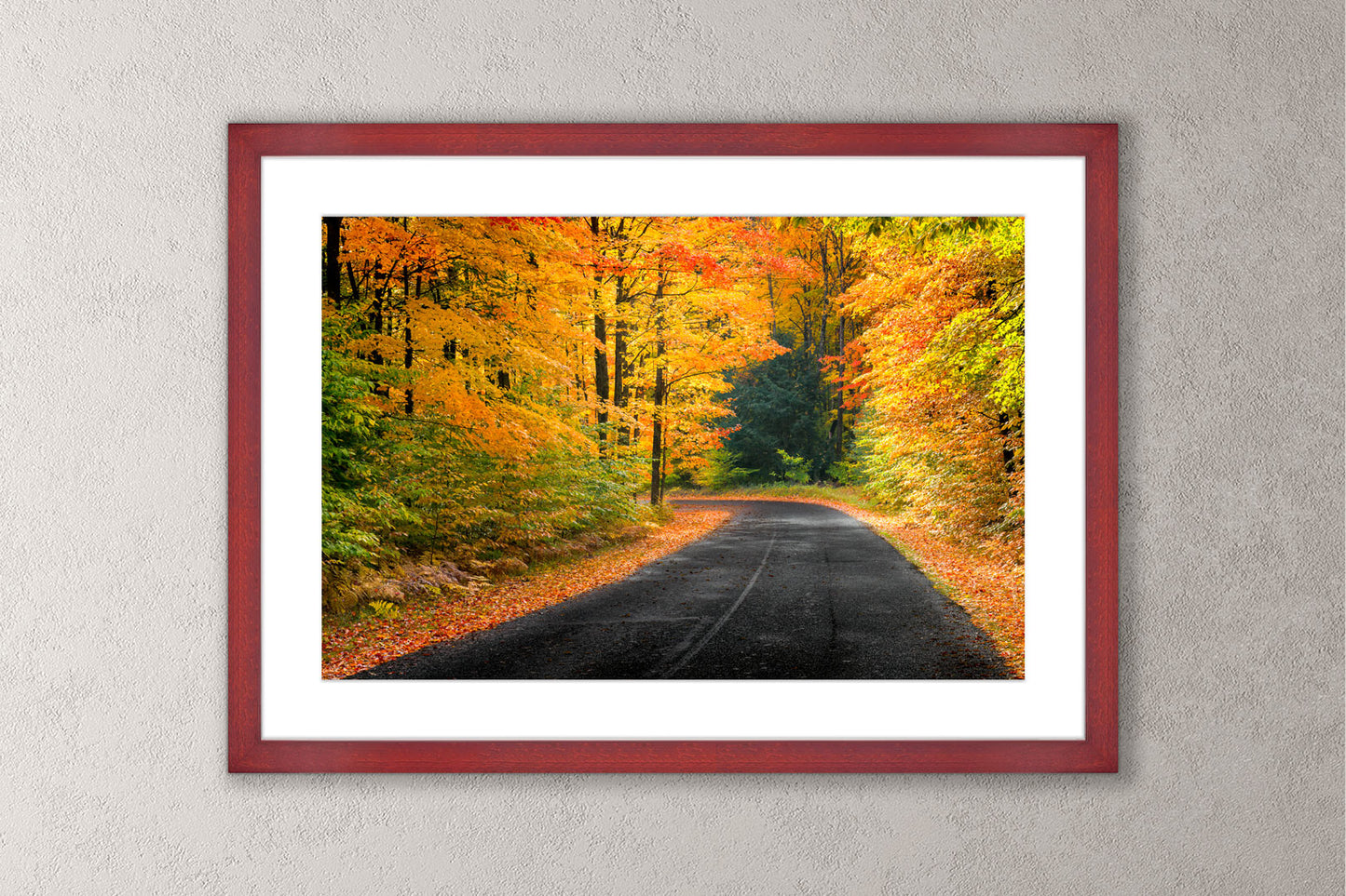 Autumn's Road Michigan fine art print in a large cherry frame by Dennis Caskey