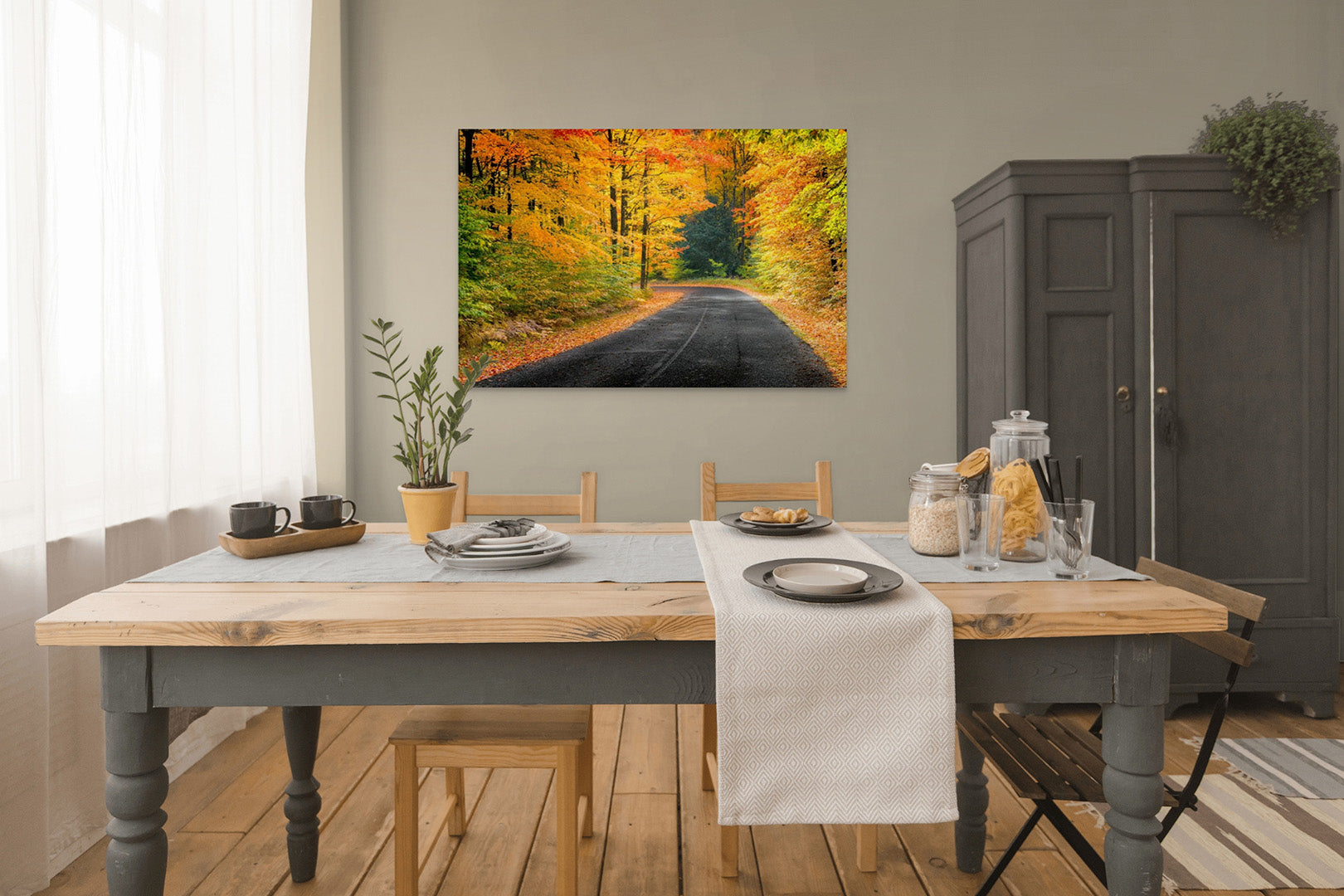 Autumn's Road Michigan fine art print by Dennis Caskey in a dining room setting