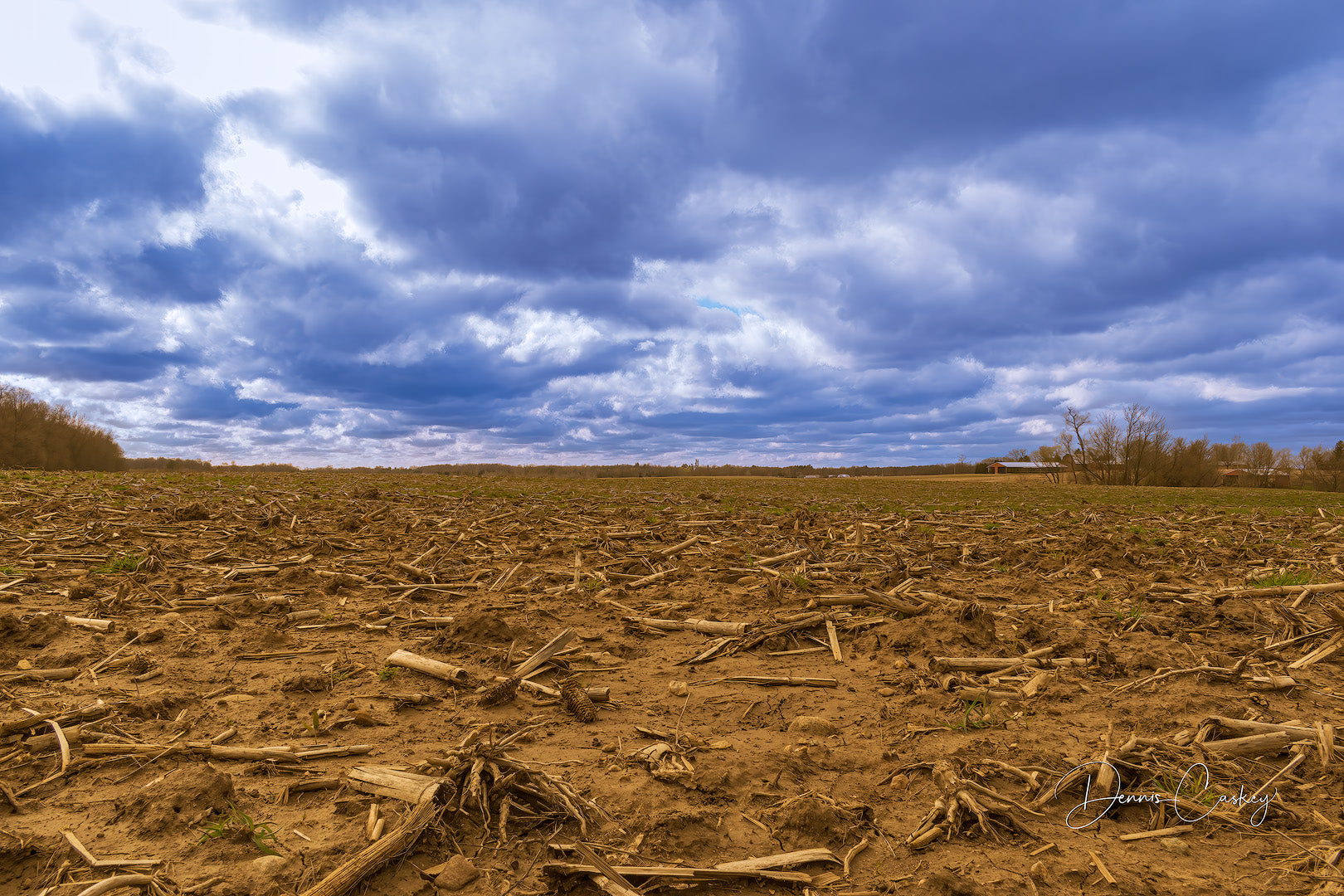 Dark cloudy sky over plowed farm field stock photo by Dennis Caskey