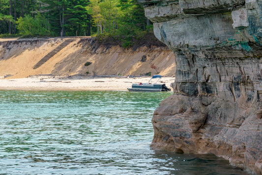 Pictured Rocks National Lakeshore, Michigan Upper Peninsula, boat scene, Lake Superior, Michigan stock photo