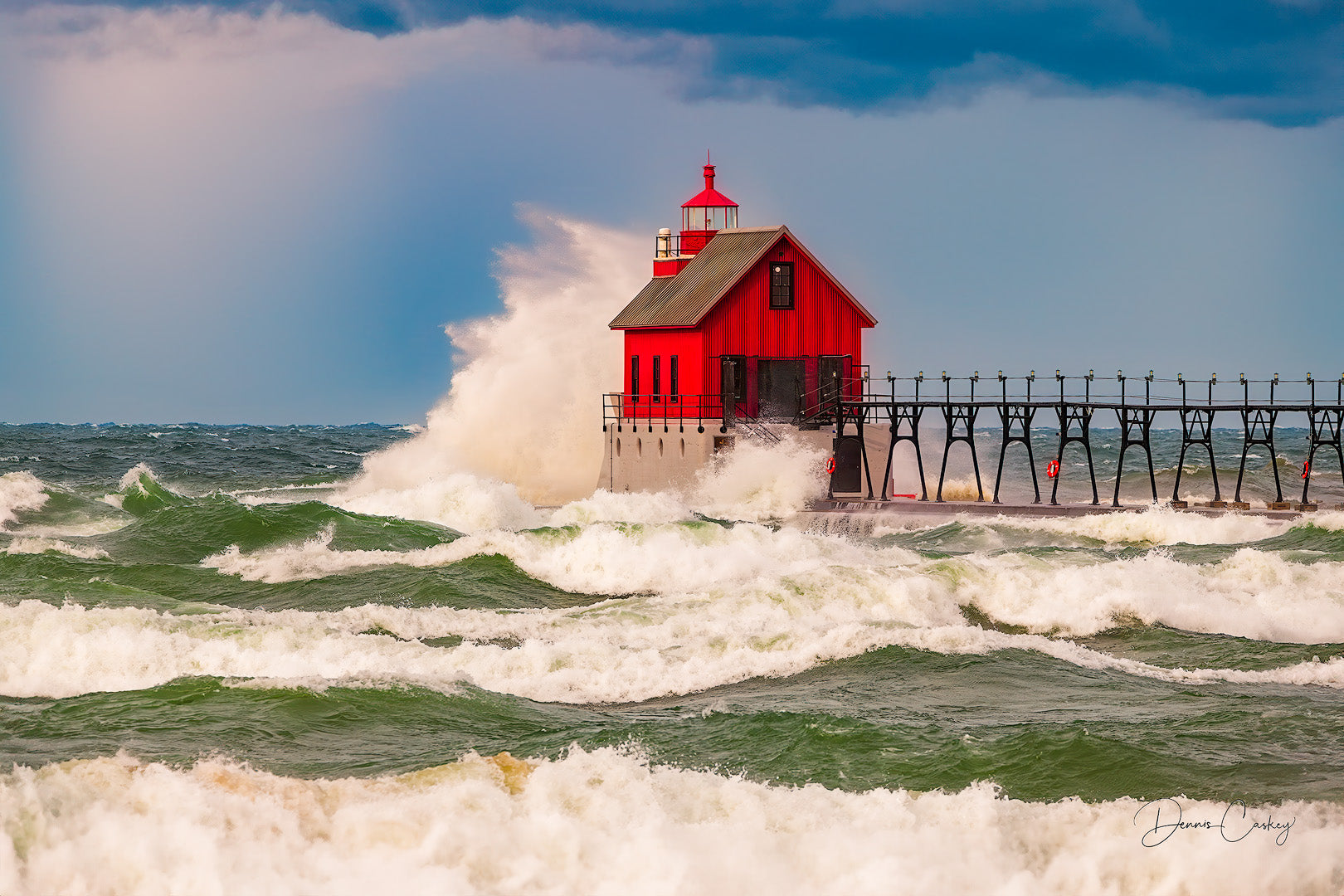 Grand Haven lighthouse storm, Michigan lighthouse waves, stormy Lake Michigan, dramatic lighthouse photo, Michigan stock photo