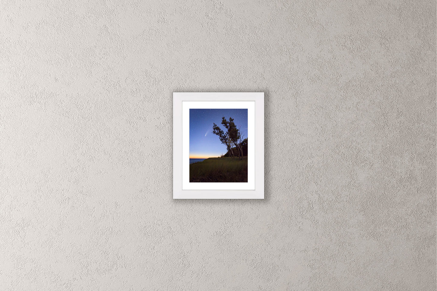 Hello Neowise Michigan fine art print in a small white frame by Dennis Caskey