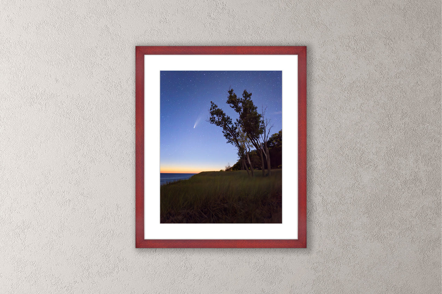 Hello Neowise Michigan fine art print in a medium cherry frame by Dennis Caskey