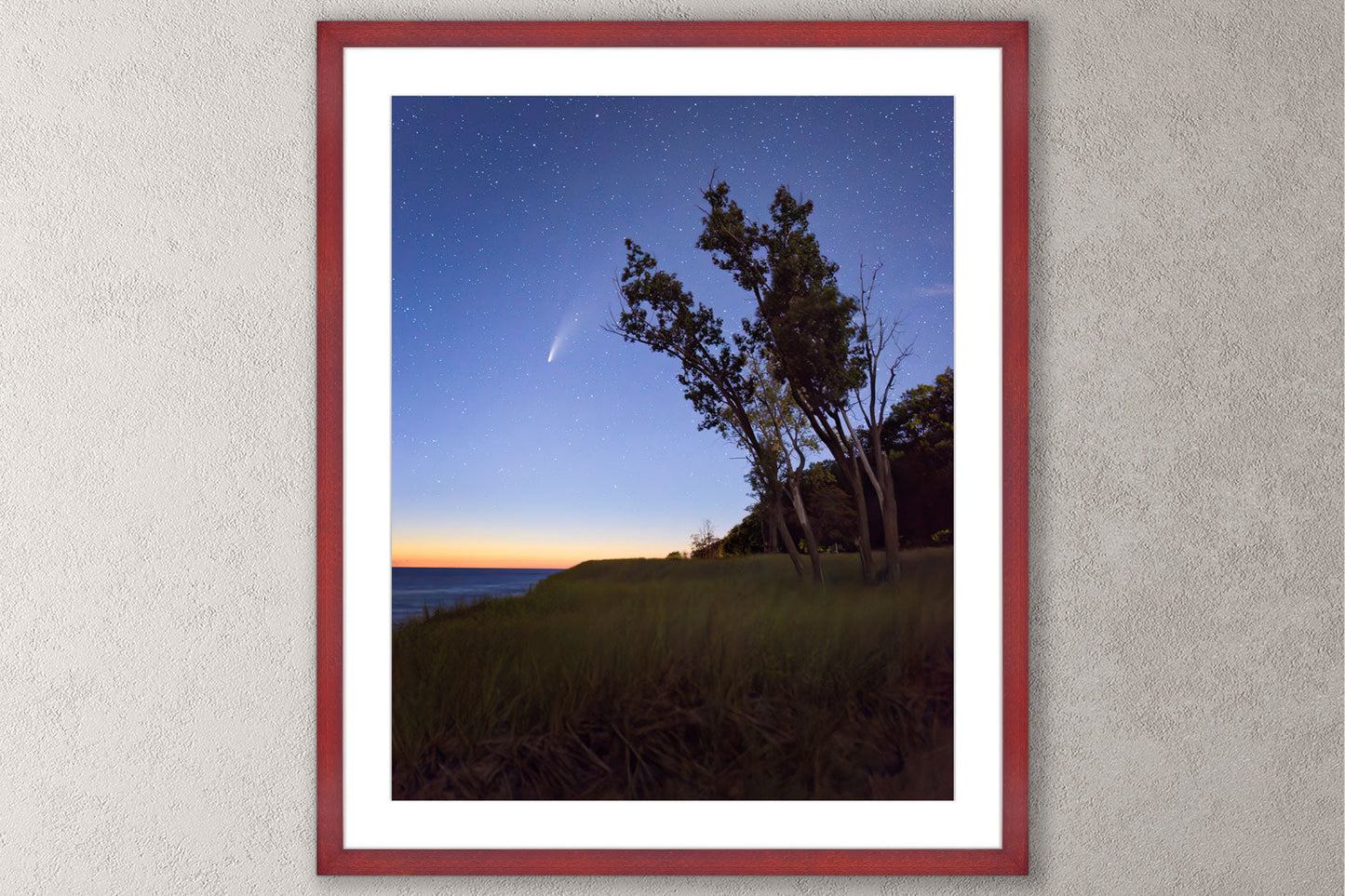 Hello Neowise Michigan fine art print in a large cherry frame by Dennis Caskey