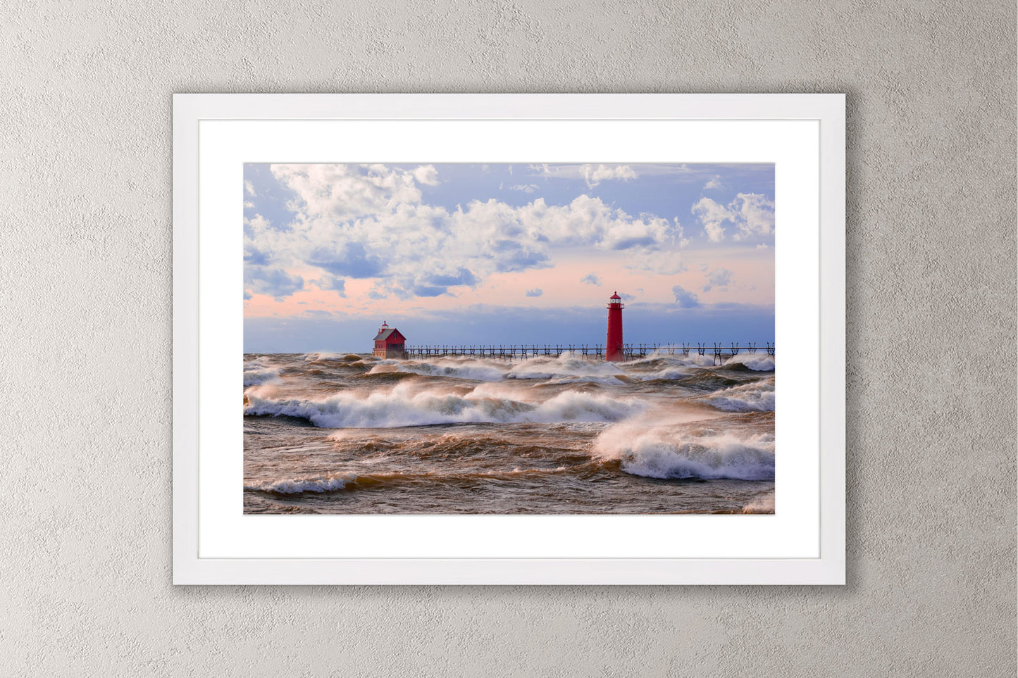 Lake Michigan Frenzy Michigan fine art print in a large white frame by Dennis Caskey