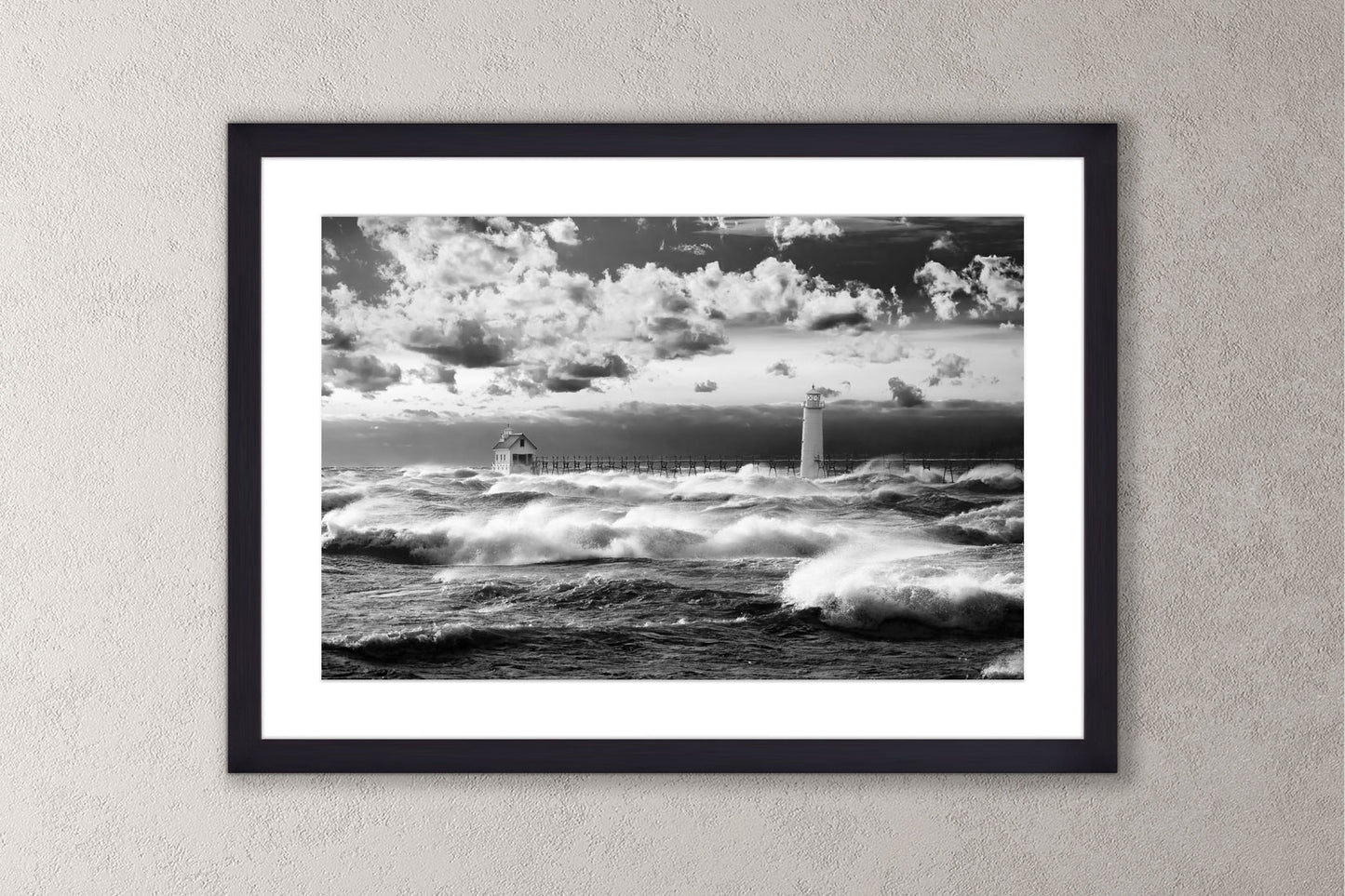 Lake Michigan Frenzy in B&W Michigan fine art print in a large black frame by Dennis Caskey