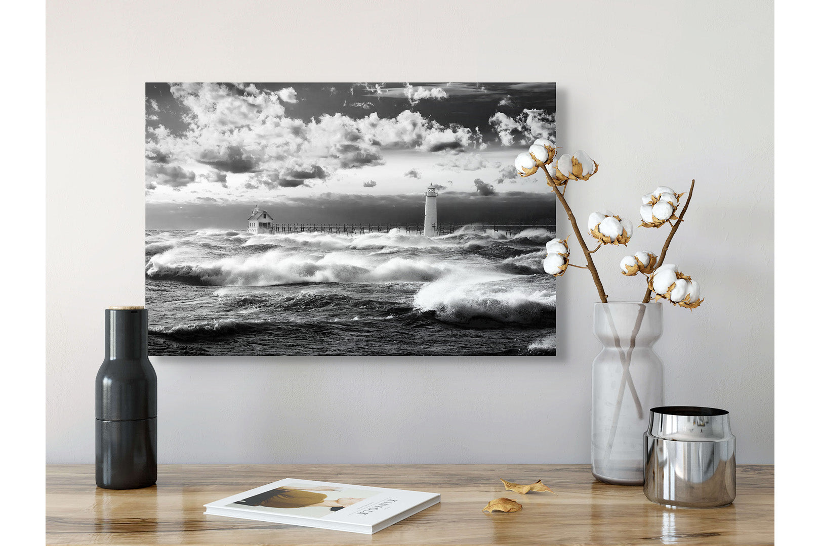 Lake Michigan Frenzy in B&W Michigan fine art print by Dennis Caskey displayed over a mantle