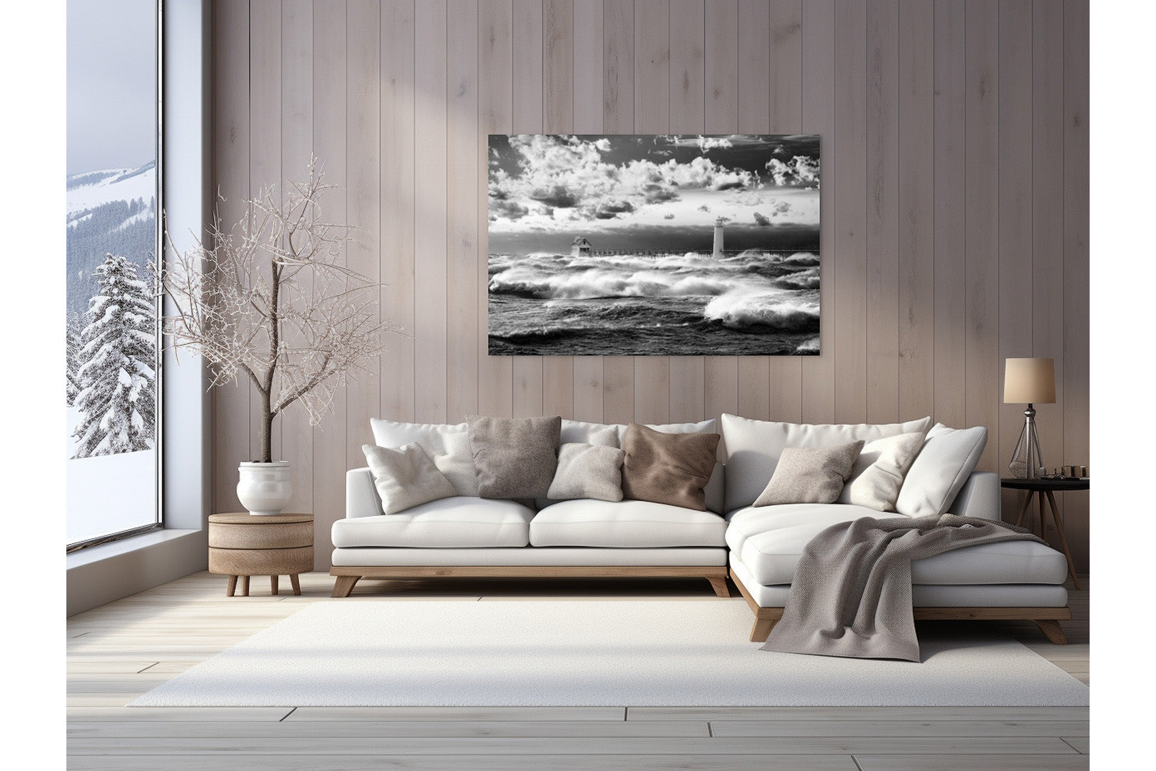 Lake Michigan Frenzy in B&W Michigan fine art print by Dennis Caskey in a living room setting