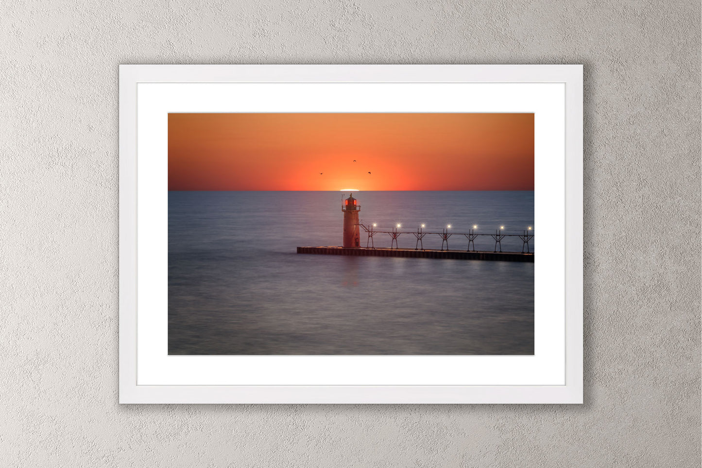 Lights of South Haven Michigan fine art print in a large white frame by Dennis Caskey