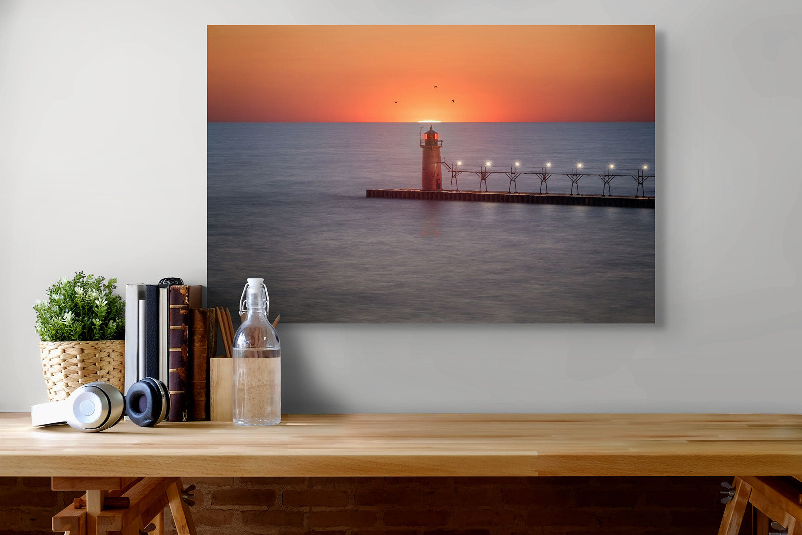 Lights of South Haven Michigan fine art print by Dennis Caskey displayed over a mantle