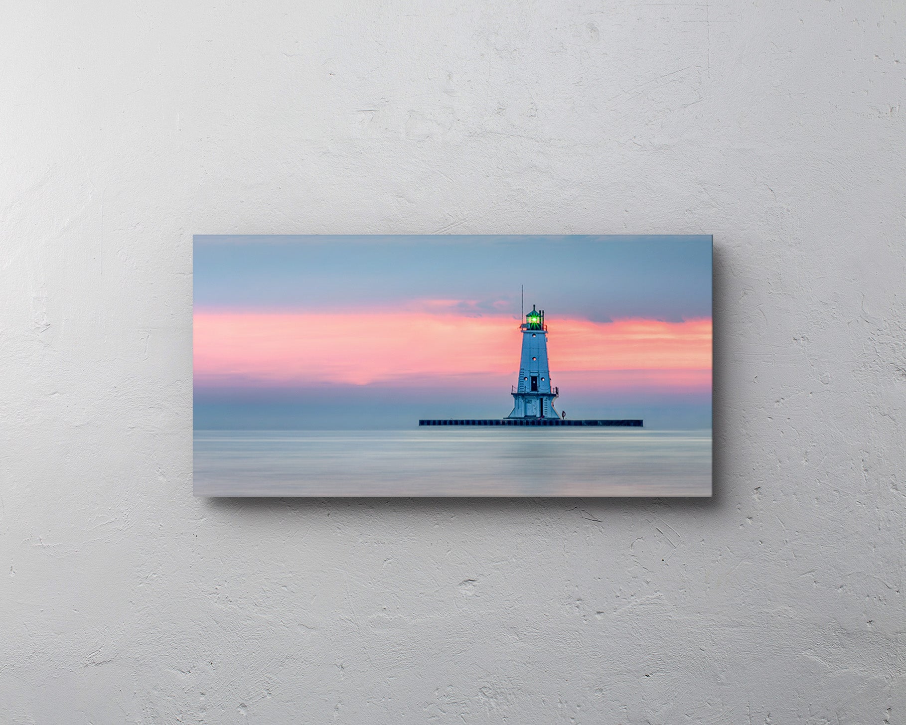 Twilight's Solitary Beacon Michigan fine art print on metal by Dennis Caskey hanging on a wall